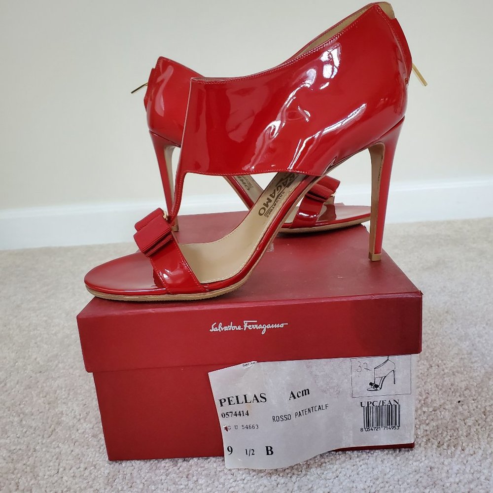 Salvatore Ferragamo Red Patent Leather Pellas Ankle Sandals (Size 9.5)